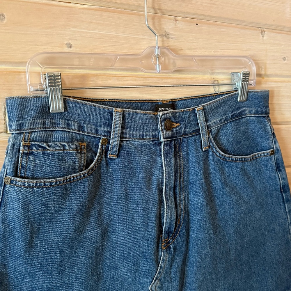 Just Black Denim Mini Skirt Size L Raw Hem Medium Wash USA Made